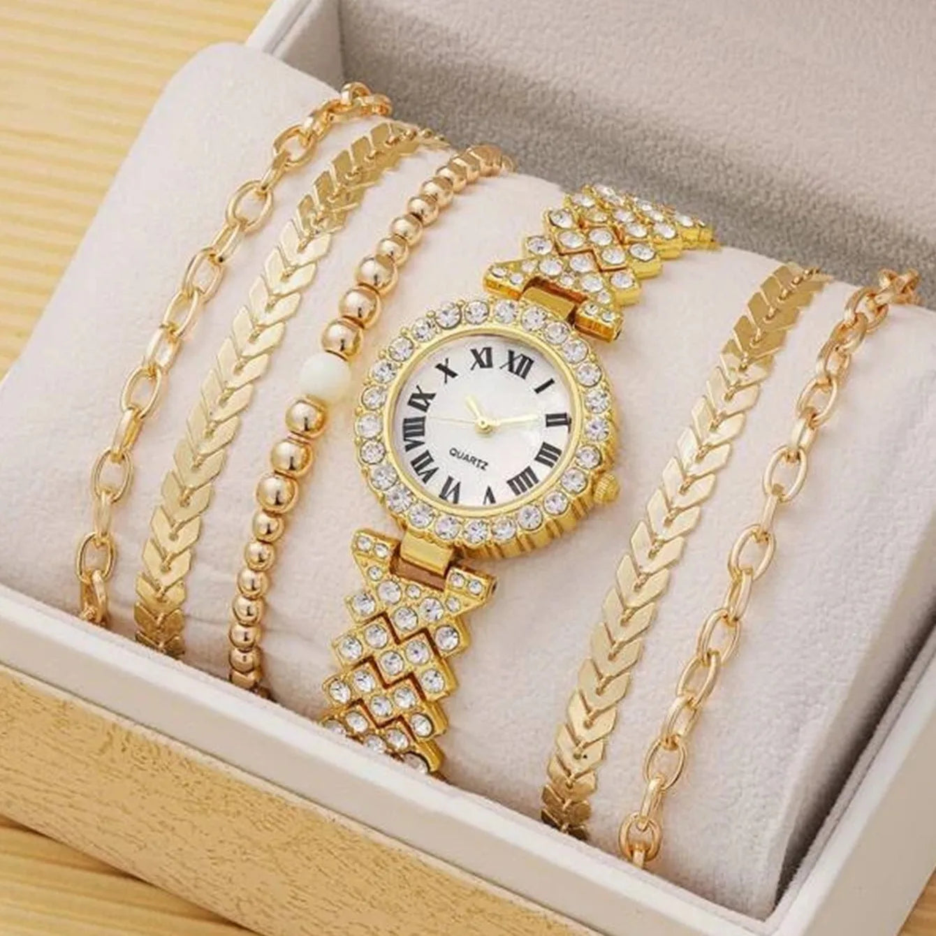 Full Crystal 5Pcs Watches Set for Women Diamond Women's Bracelet Watch Luxury Fashion Watch Bracelet Set Rhinestone Gifts