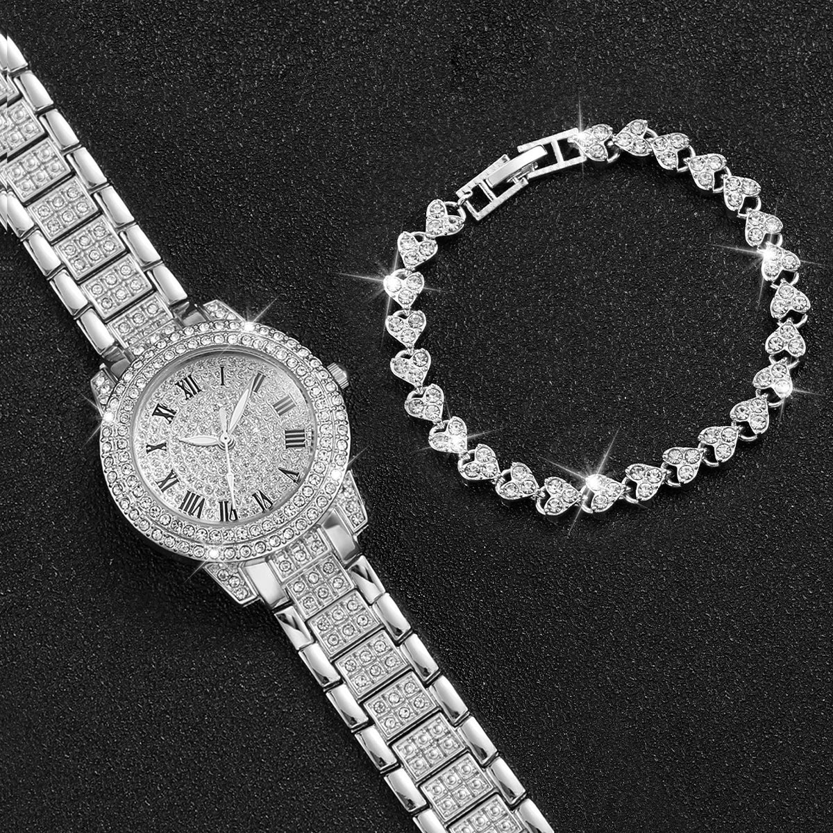 2pcs/set Women Stainless Steel Band Diamond Quartz Watch and Bracelet Set