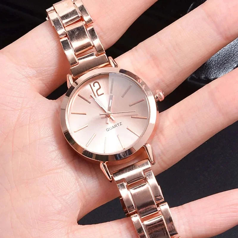 2pcs Set Women Watch Luxury Simple Dial Hollow Strap Fashion Gold Bracelet Quartz Wristwatch Student Ladies Watch