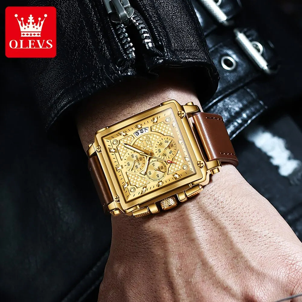 OLEVS Top Brand Men's Watches Luxury Square Quartz Wrist Watch Original Waterproof Luminous Chronograph Watch for Men Relogio