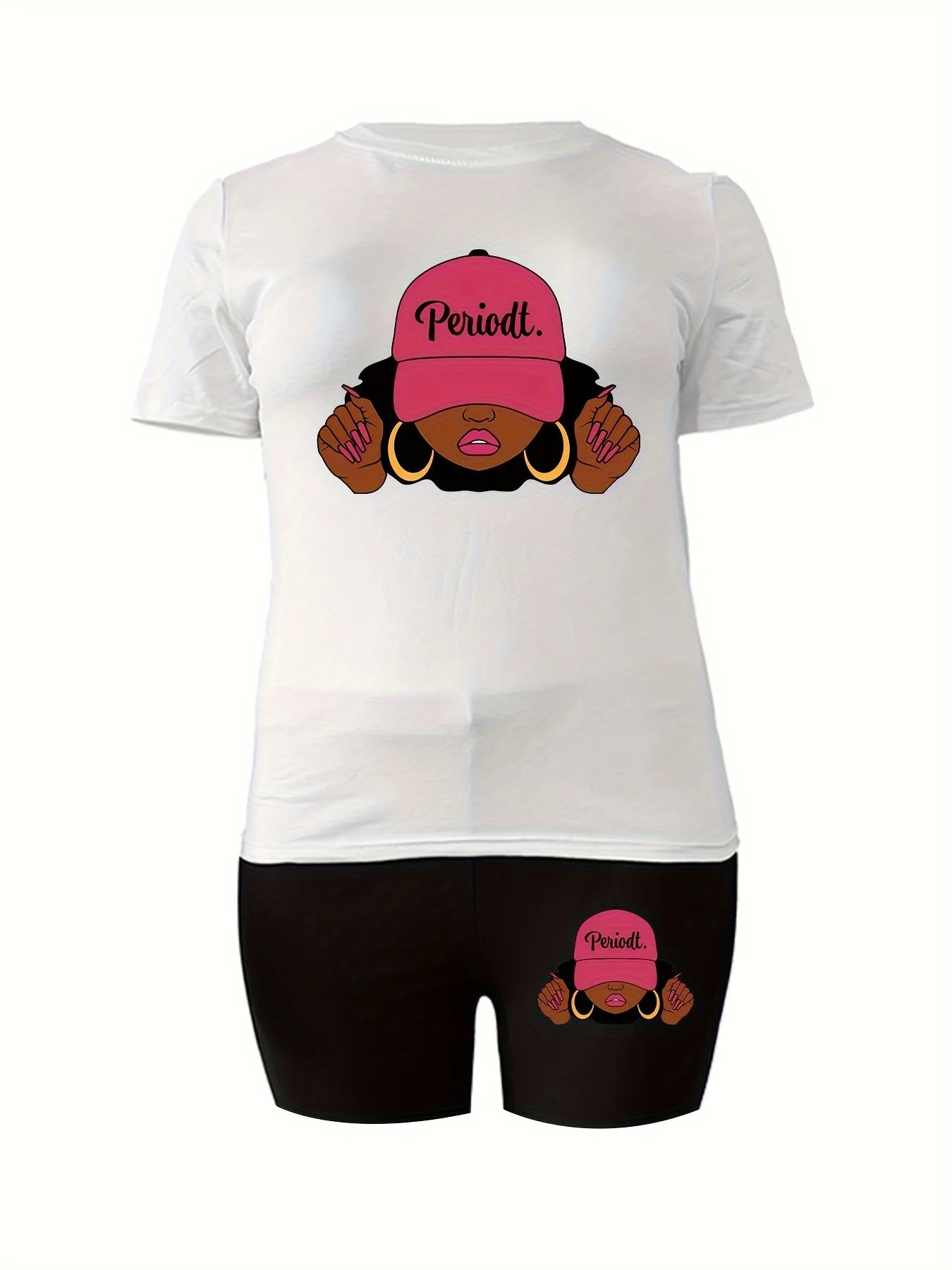 Women's 2-Piece Plus Size Sport Set, White T-Shirt With Bold "Periodt." Graphic & Matching Shorts, Comfortable Summer Outfit