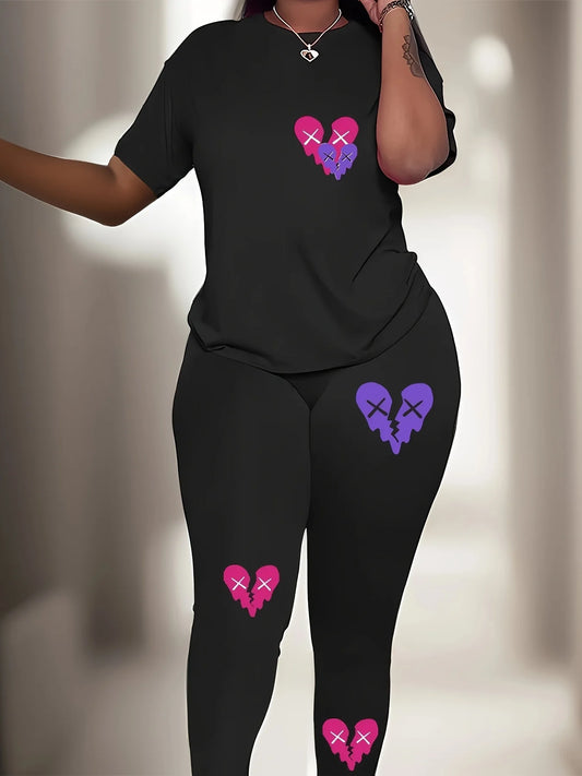 Plus Size Sports Outfits Set, Women's Plus Heart Print Short Sleeve Round Neck Top & Leggings Outfits 2 Piece Set