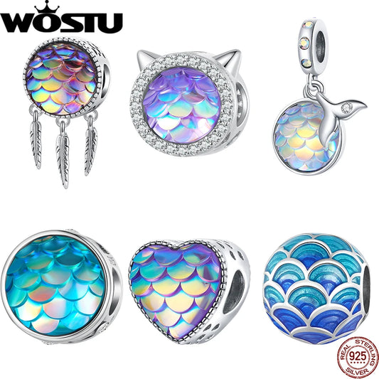 925 Sterling Silver Ocean Cathead&Fish Scale Hanging Bead Resin Heart Charms Fit Original Bracelet DIY Jewelry Making /WOSTU