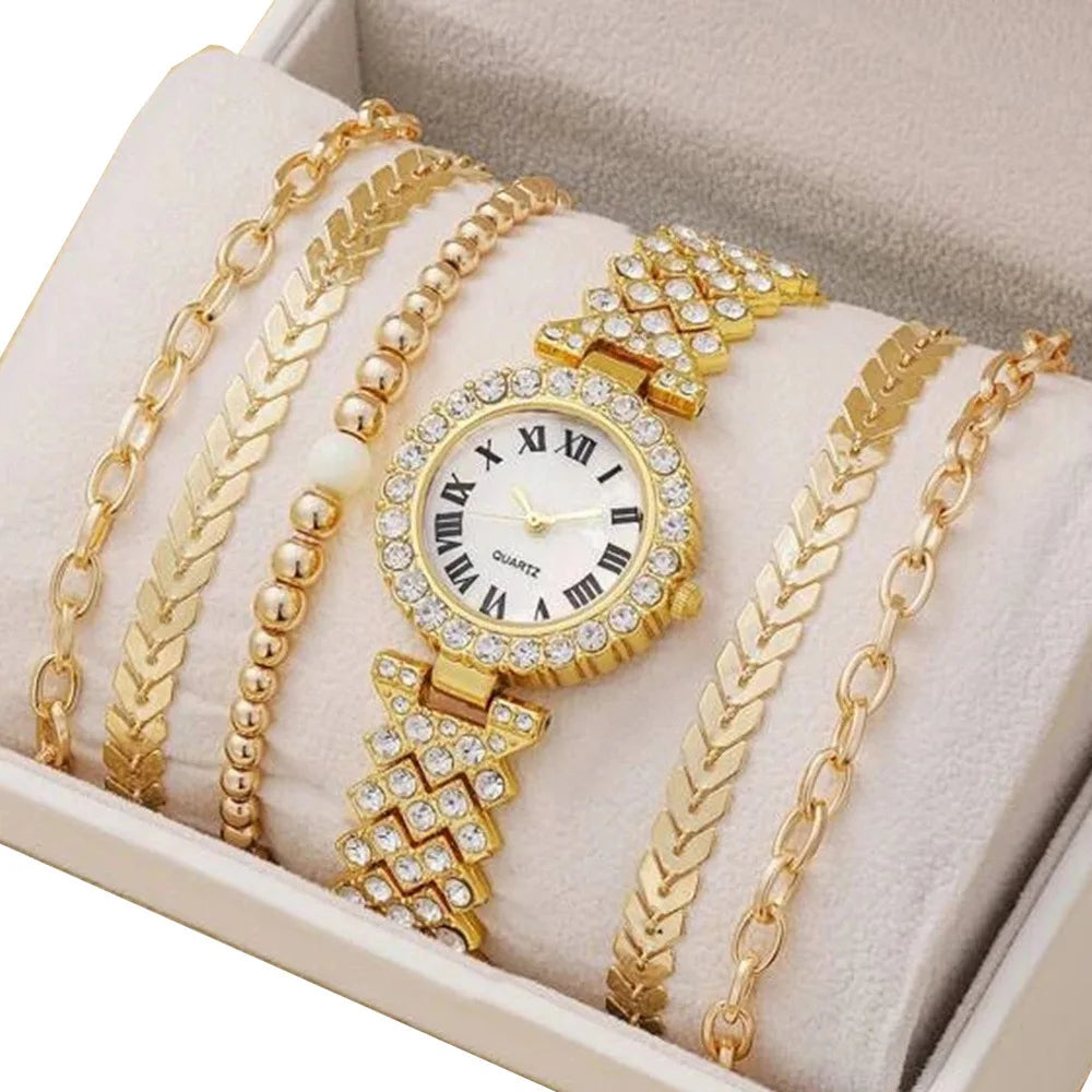 Full Crystal 5Pcs Watches Set for Women Diamond Women's Bracelet Watch Luxury Fashion Watch Bracelet Set Rhinestone Gifts