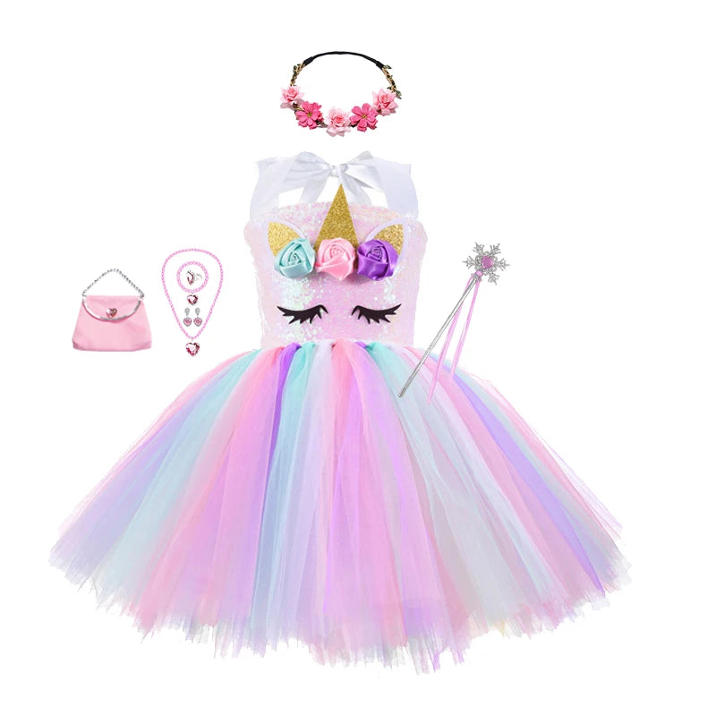 Princess Girls Unicorn Tutu Dress Outfits Pastel Flower Baby Girl Birthday Party Dresses