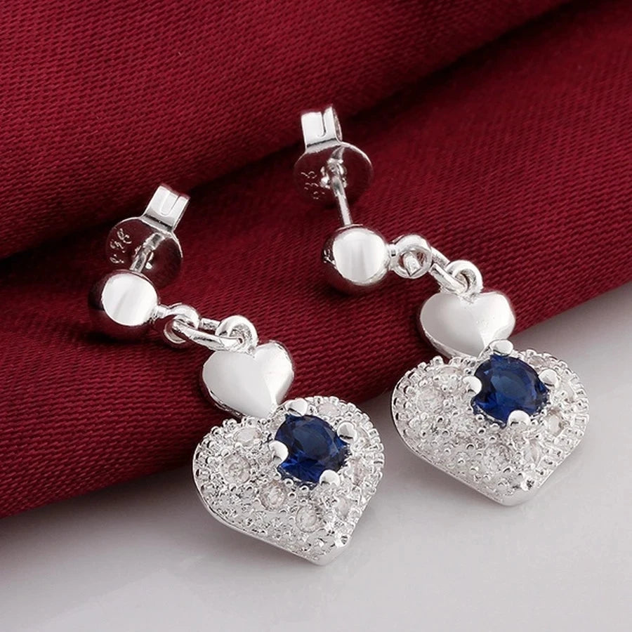 Hot Noble blue crystal heart 925 sterling Silver pendant necklace earring Jewelry sets for Woman classic fashion party fine gift