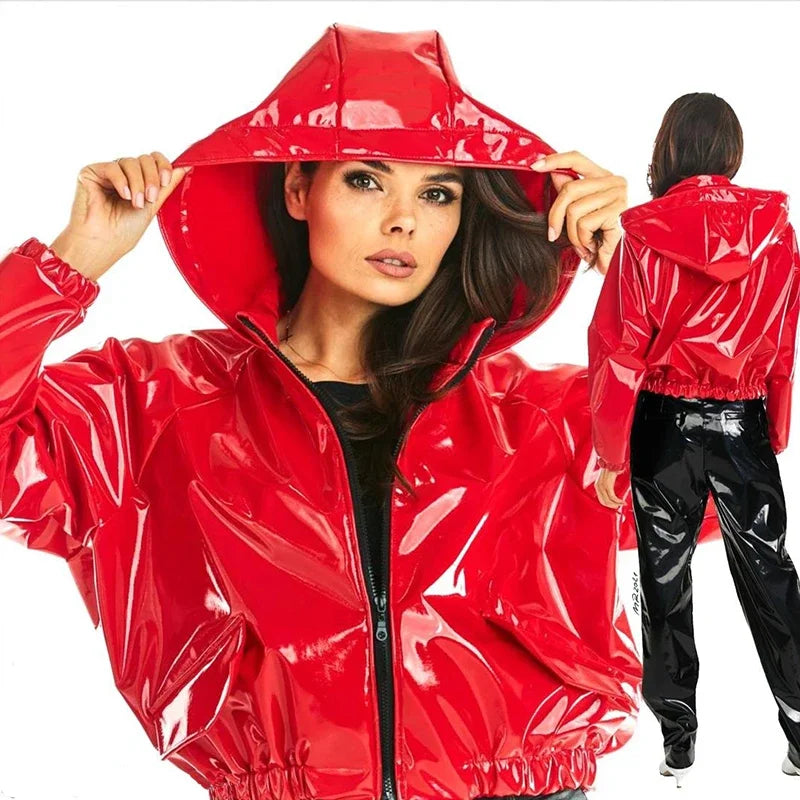 Women PVC Patent Leather Jacket Casual Latex Sweatshirts Coat Shiny PU Loose Crop Tops Plus Size Zip-up Hoodies Nightclub Custom