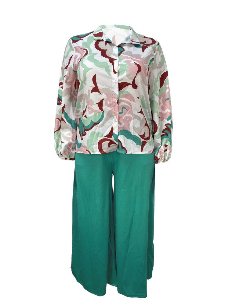 Elegant Women's Set Chiffon Long Sleeved Printed Top and Loose Leisure Wide Legged Pants Plus Size 5XL Womens Clothing