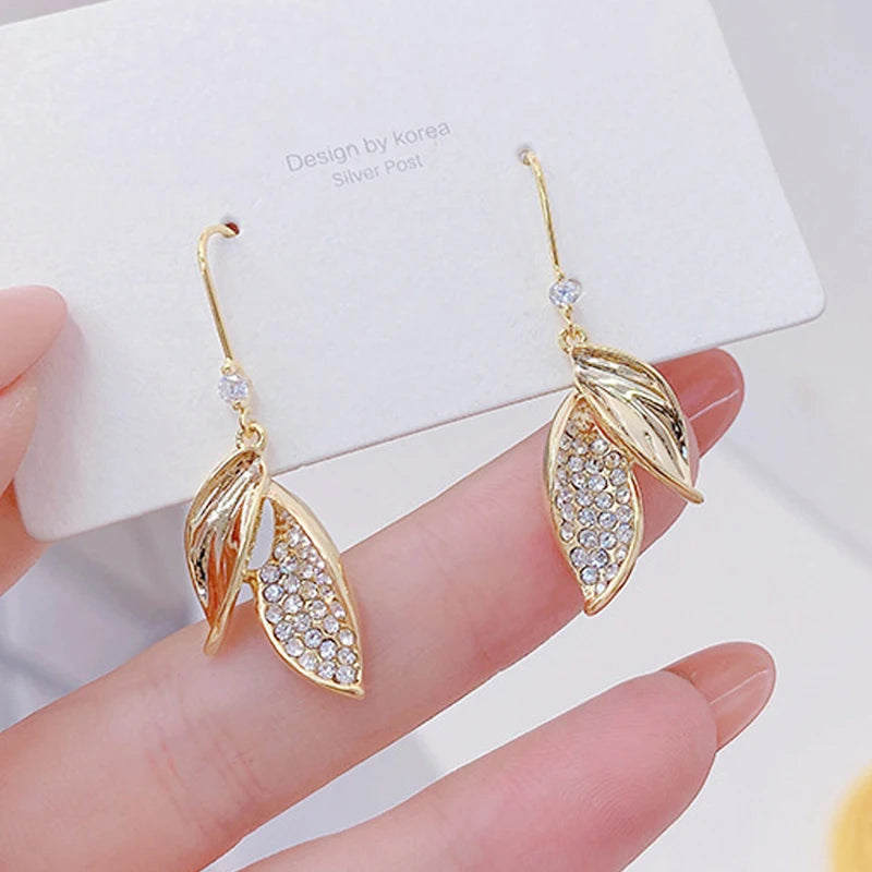 14k Real Gold Temperament Leaves Women Earring Micro Inlaid AAA Zirconia Drop Earrings Trendy Jewelry Pendant Accessories Gift