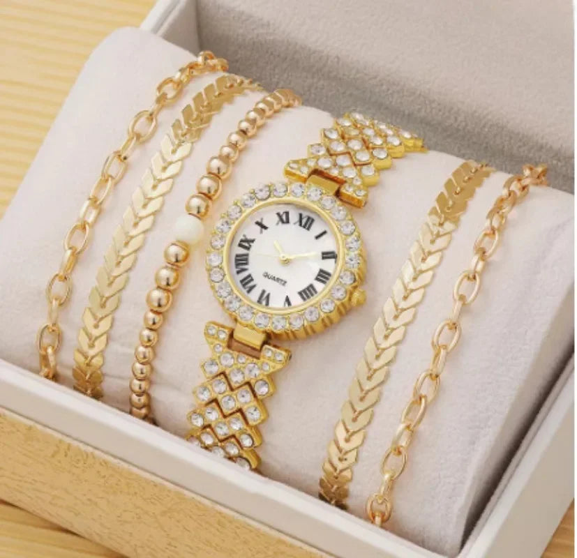 Full Crystal 5Pcs Watches Set for Women Diamond Women's Bracelet Watch Luxury Fashion Watch Bracelet Set Rhinestone Gifts