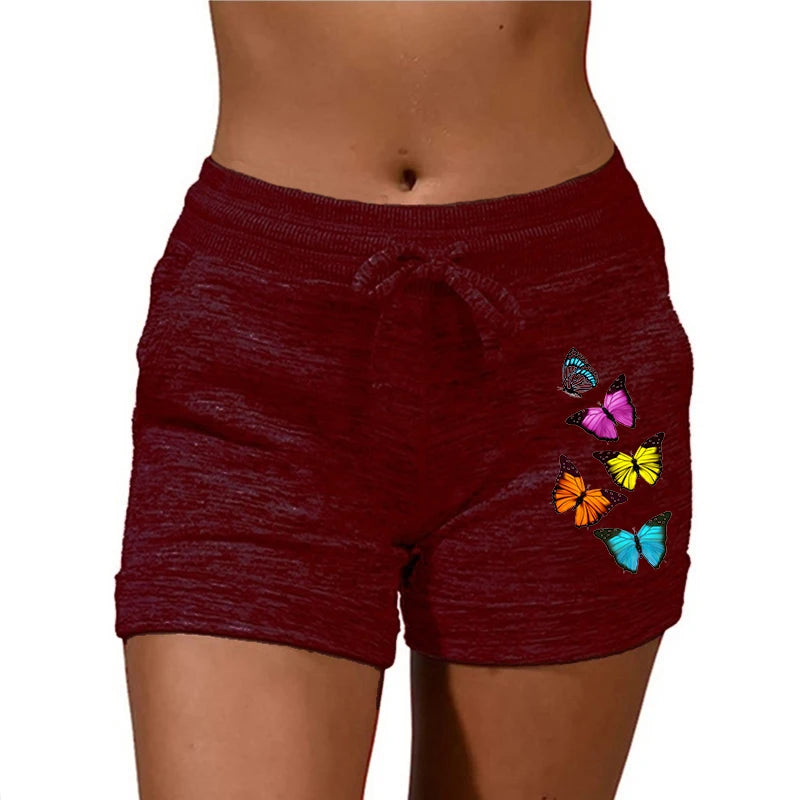 Plus Size Women Summer Outdoor Sports Pants Casual High Waisted  Drawstring Shorts Ladies Fashion Butterfly Printed Yoga Shorts