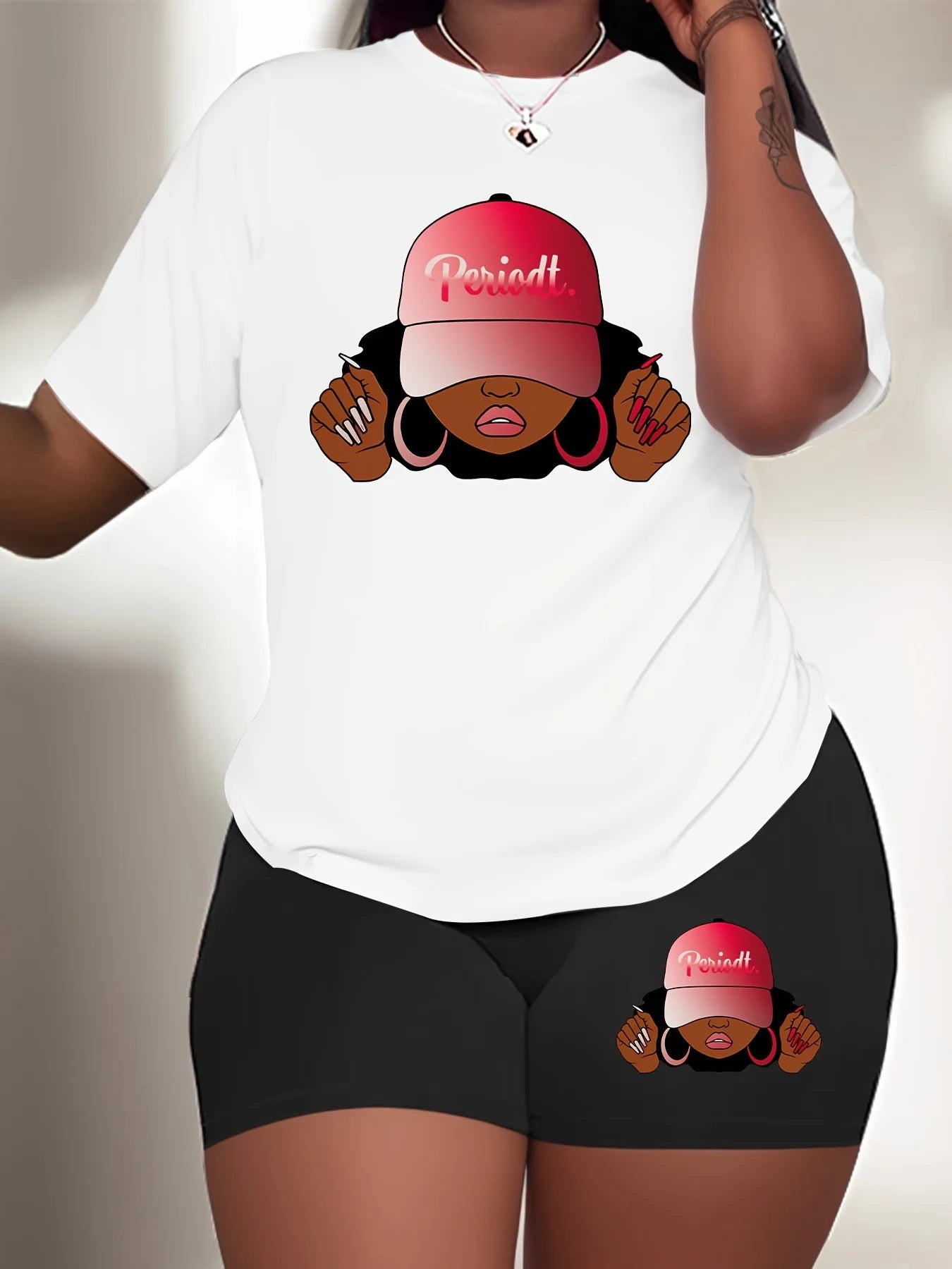 Women's 2-Piece Plus Size Sport Set, White T-Shirt With Bold "Periodt." Graphic & Matching Shorts, Comfortable Summer Outfit