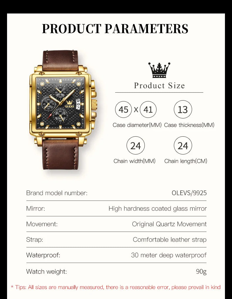 OLEVS Top Brand Men's Watches Luxury Square Quartz Wrist Watch Original Waterproof Luminous Chronograph Watch for Men Relogio