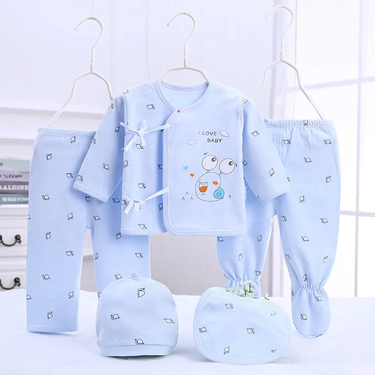 5Piece Sets  Baby Girl Boy Clothes Casual Cartoon Cute Print Long Sleeve Cotton Tops+Pants+Hat Newborn Hospital Set