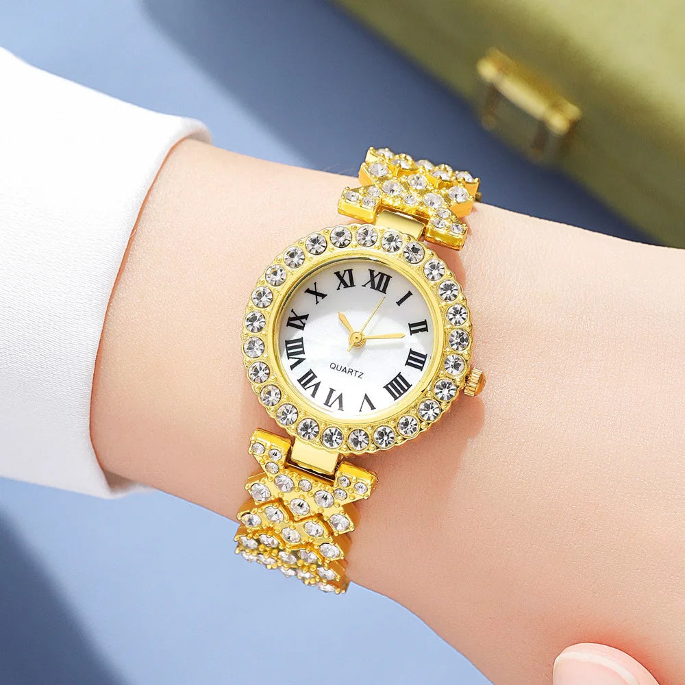 Full Crystal 5Pcs Watches Set for Women Diamond Women's Bracelet Watch Luxury Fashion Watch Bracelet Set Rhinestone Gifts