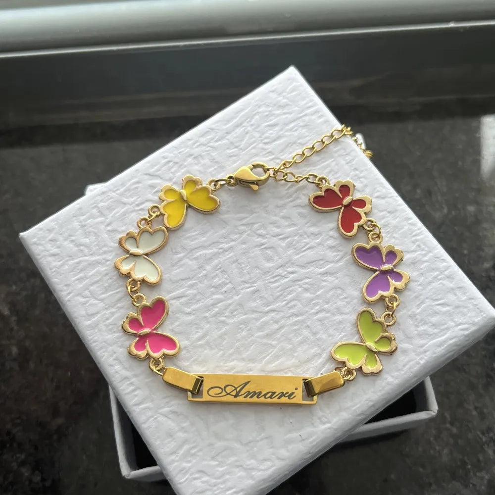 DUOYING Custom Nameplate Bracelet Butterfly Chain Personalized Enamel Colorful Charms Bangles For Kids Jewelry Gift