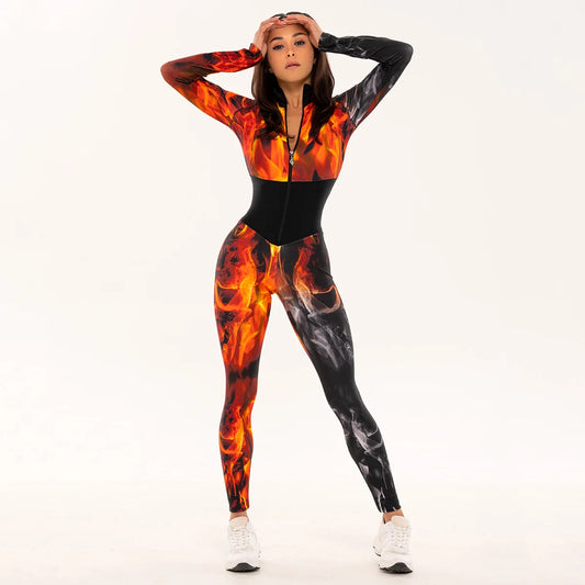 Oshoplive Fire Printed Long Sleeves Zipper Sports Jumpsuits For Women Sports Gym One Piece Jumpsuit