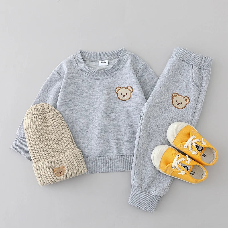 2PCS Children's Set Spring and Autumn Simple Little Bear Head Round Neck Long Sleeve Pants