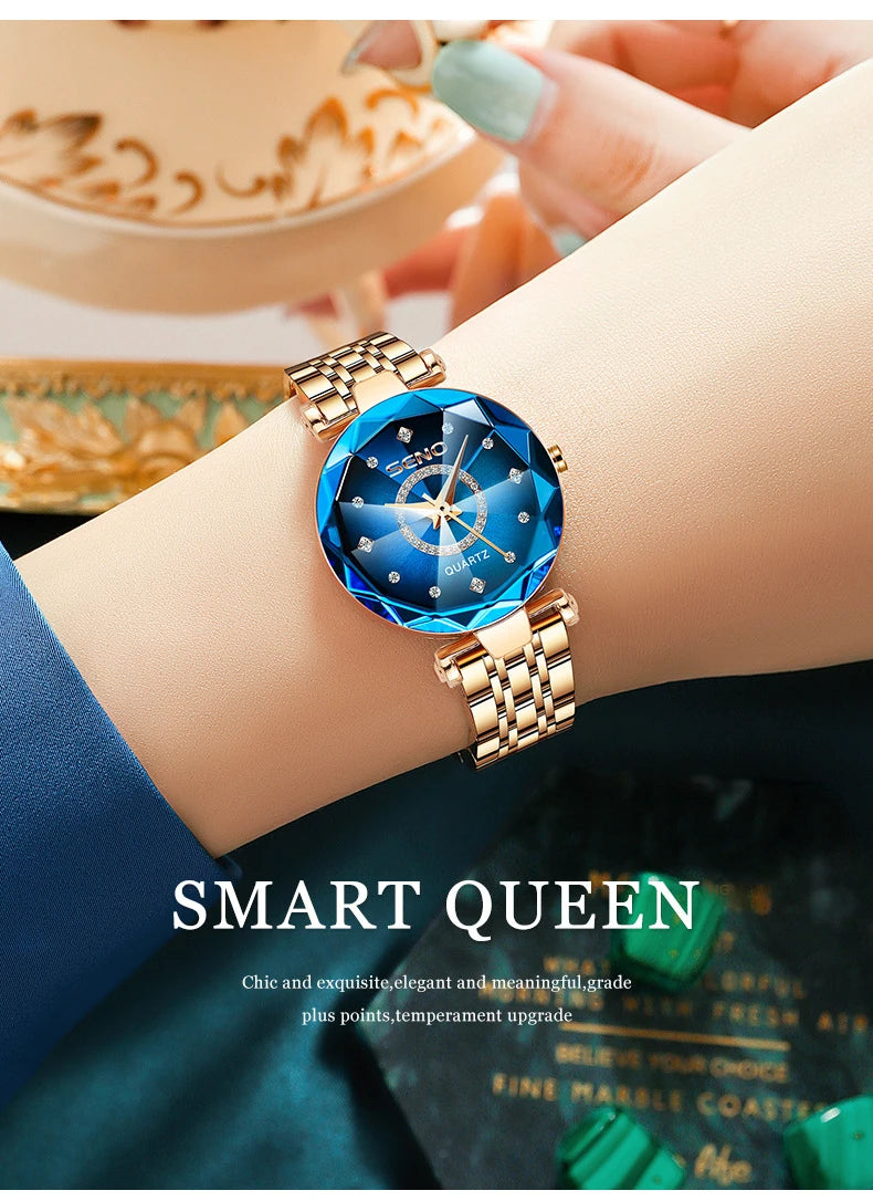 SENO Ocean Star Women Crystal Watch 2024 Top Brand Luxury Rose Gold Women Bracelet Watch for Ladies Wrist Watch Relogio Feminino