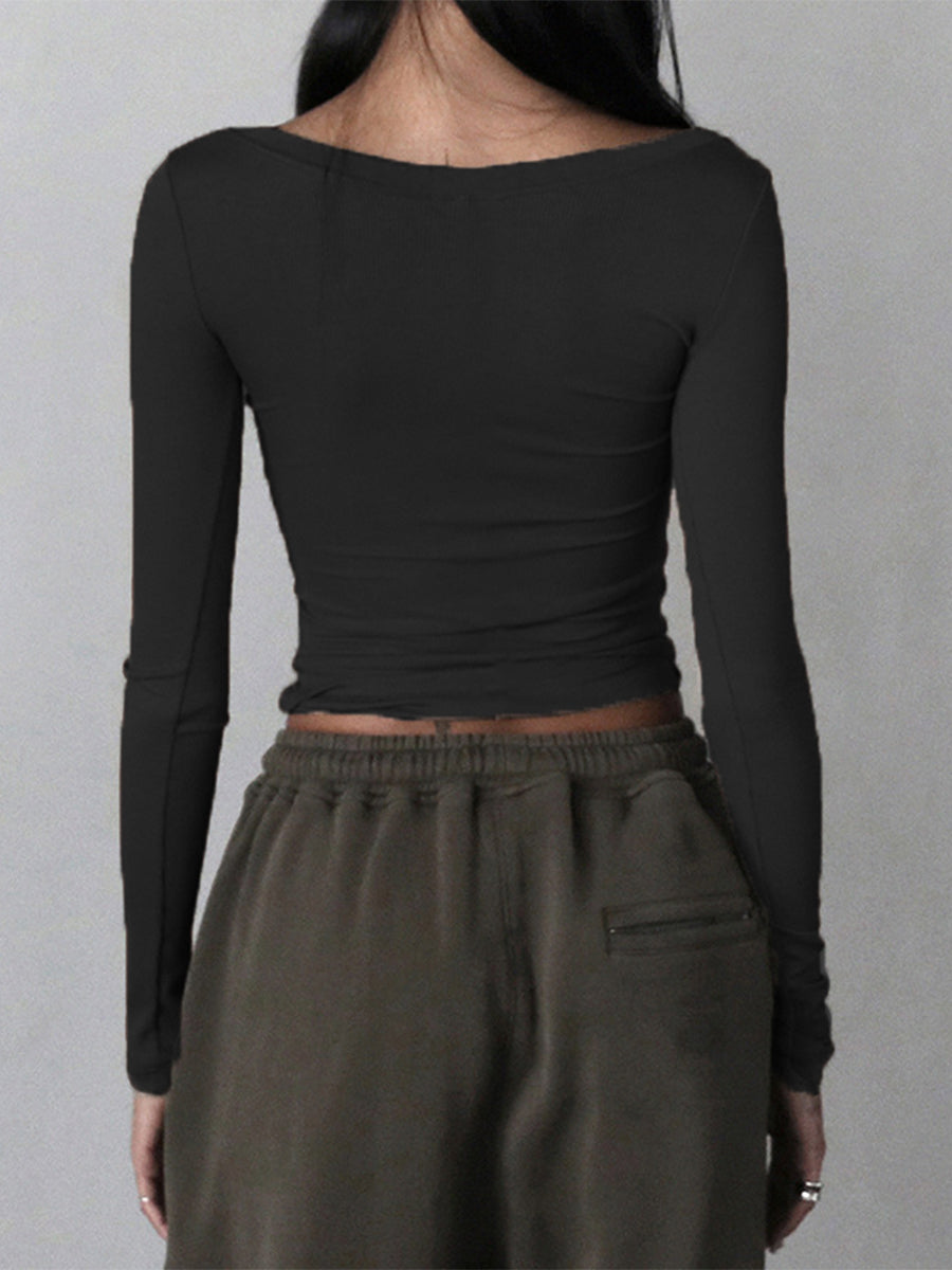 Long Sleeve Sexy Slim Fit Ribbed Crop Top Fall Basic T-Shirt