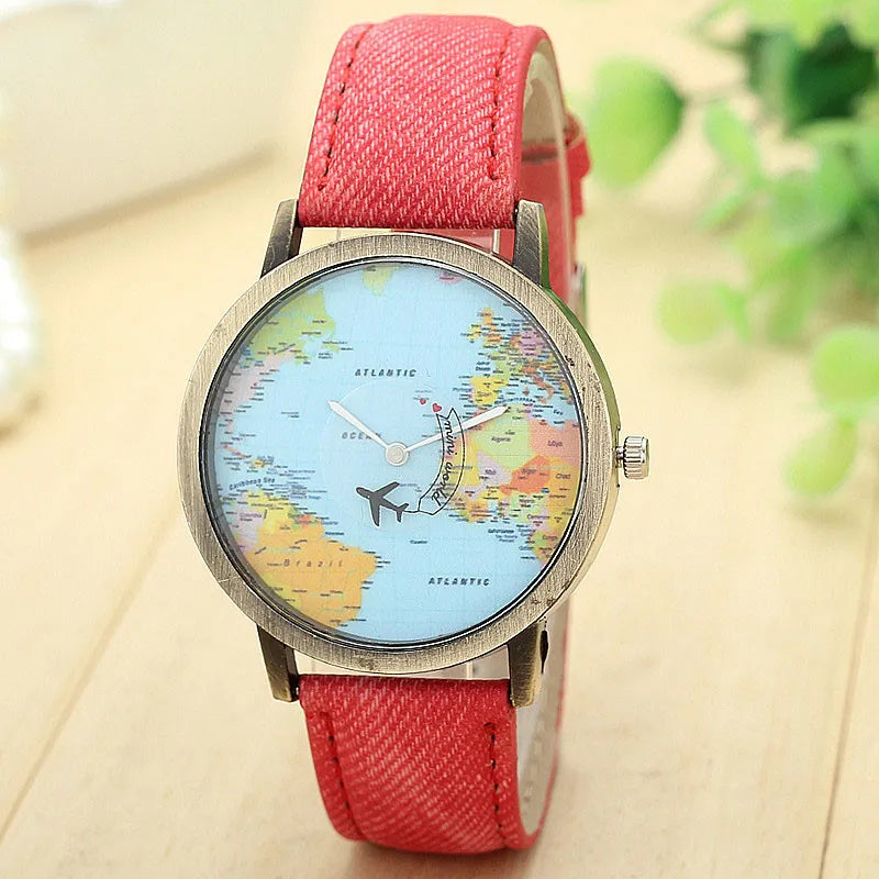 2024 Fashion Global World Map Plane Denim Fabric Band Watch Casual Men Women Wristwatches Quartz Watch Gift