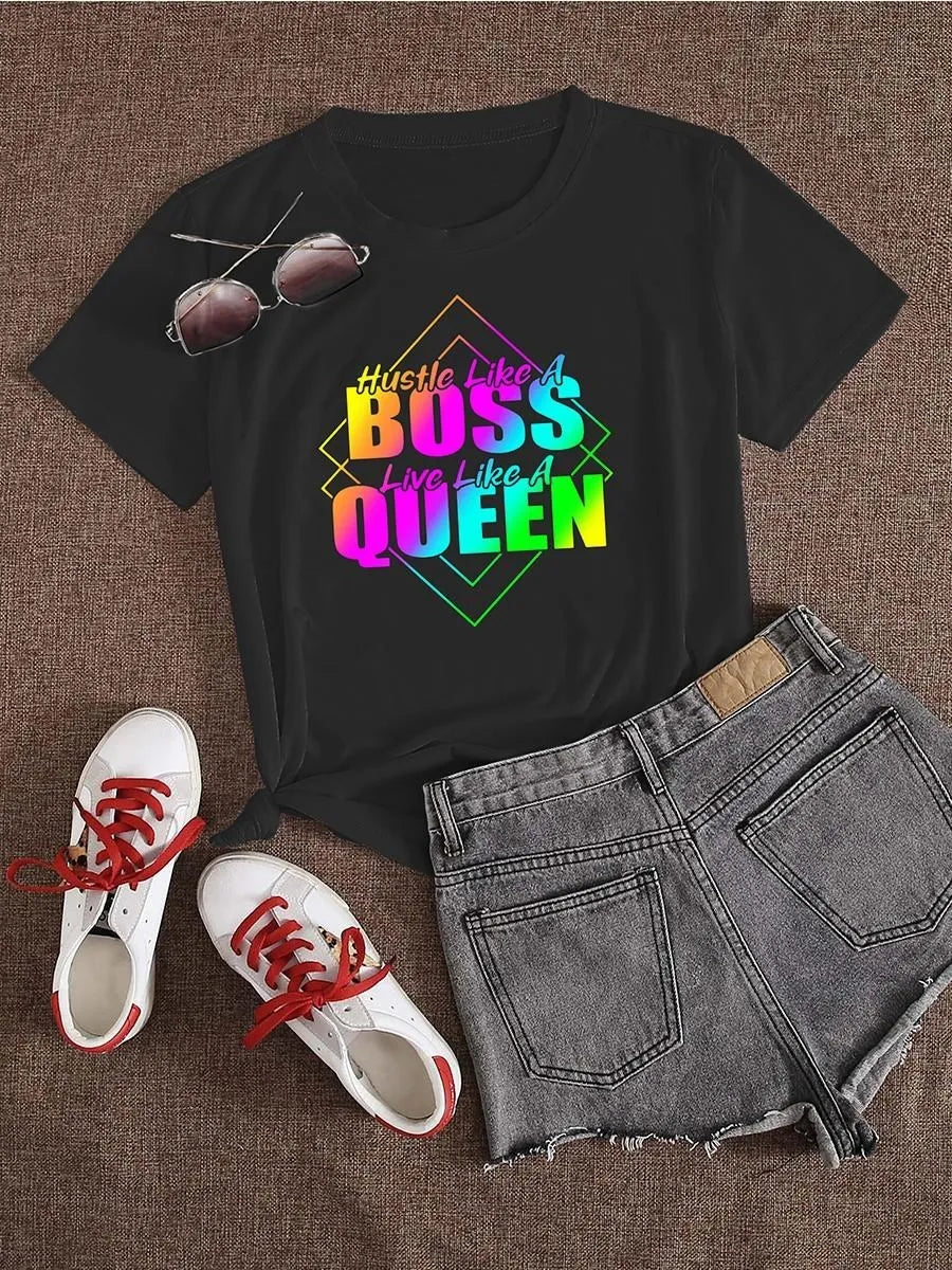 Plus Size Woman Clothes Gradient Queen Rainbow Letter Print Casual Black T-shirt