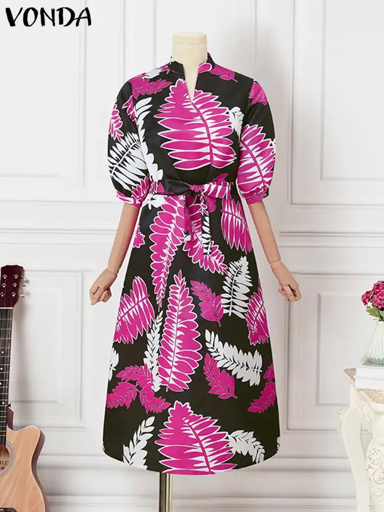 Plus Size 5XL VONDA Maxi Long Dress 2024 Summer V-Neck Printed Puff Sleeve Dress Women Sundress Casual