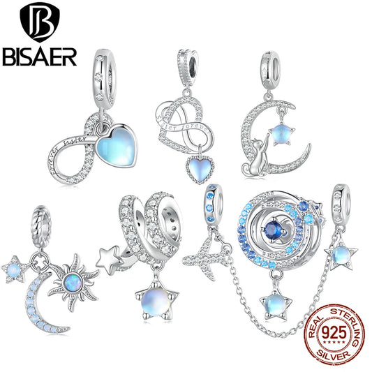 925 Sterling Silver Heart & Infinity Charm Bead Moonstone Pendant Plated Platinum Fit Women DIY Bracelet Fine Jewelry /BISAER