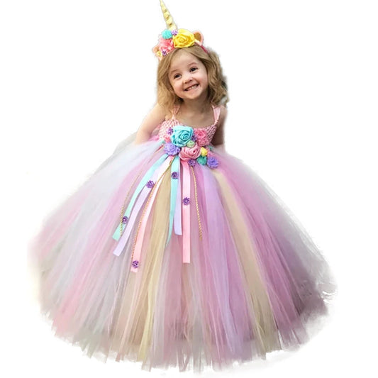 Unicorn Flower Tutu Dress Kids /Strap Dress Ball Gown with Daisy Ribbons Children Party Costume Dress