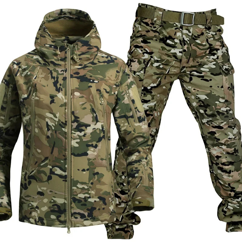 Winter Thicken Men Camo Suit Waterproof Tactical Training Set Multi-pocket Hooded Jacket Fleece Pants Outdoor Hunting 2-piece