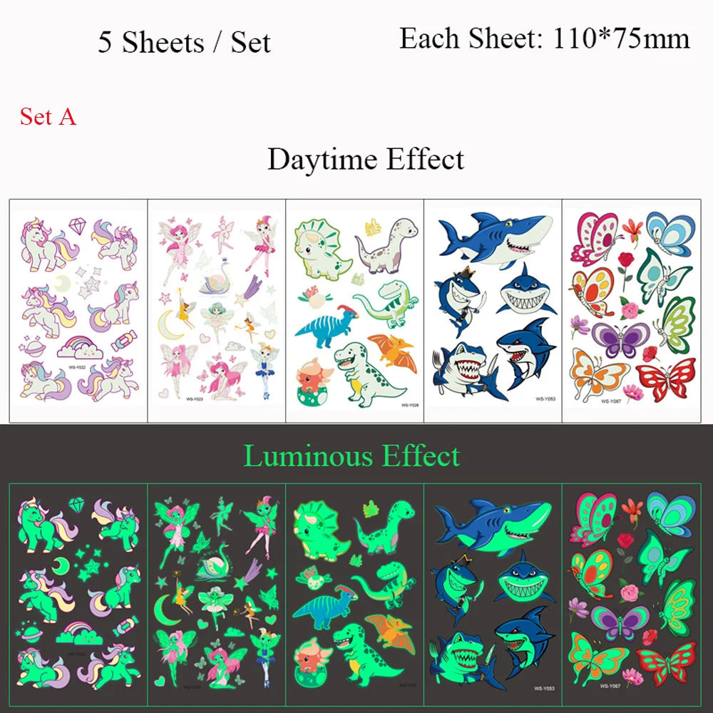 5 Sheets Luminous Tattoo Stickers Temporary Colorful Animal Dinosaur Tattoo Cute Tattoo Stickers Children's Body Tatto