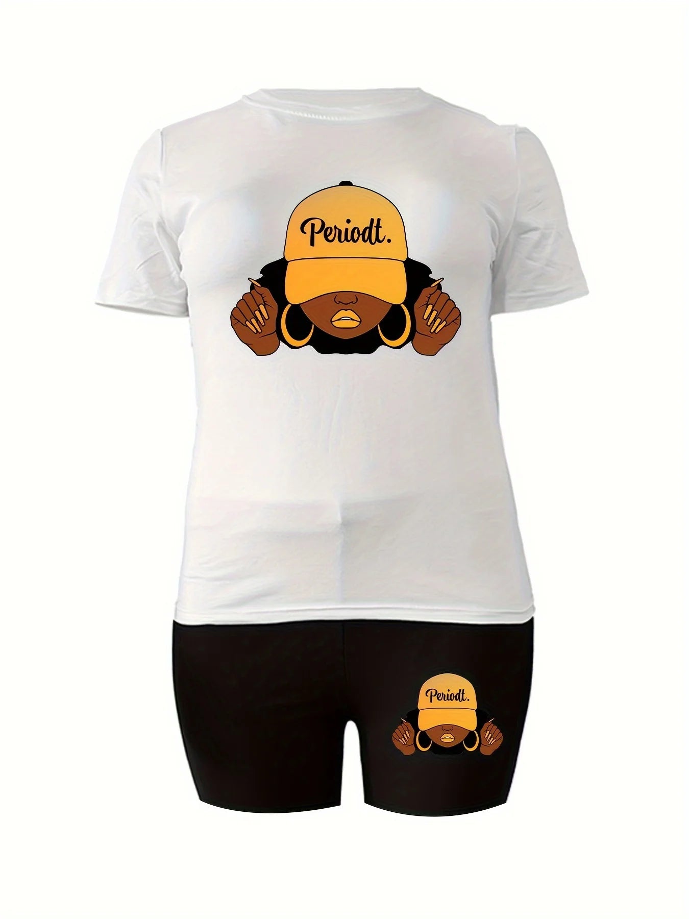 Women's 2-Piece Plus Size Sport Set, White T-Shirt With Bold "Periodt." Graphic & Matching Shorts, Comfortable Summer Outfit