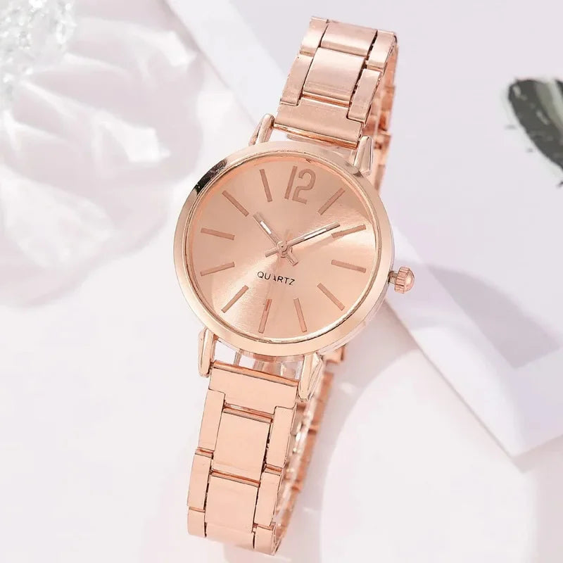 2pcs Set Women Watch Luxury Simple Dial Hollow Strap Fashion Gold Bracelet Quartz Wristwatch Student Ladies Watch