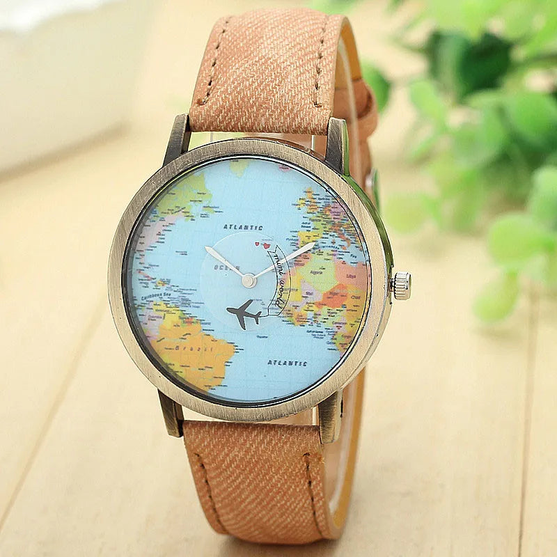 2024 Fashion Global World Map Plane Denim Fabric Band Watch Casual Men Women Wristwatches Quartz Watch Gift