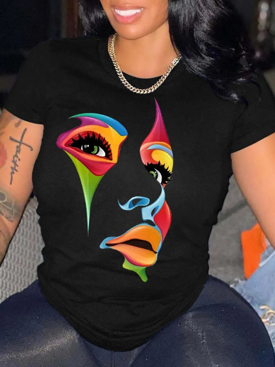 Plus Size Woman Clothes Gradient Queen Rainbow Letter Print Casual Black T-shirt