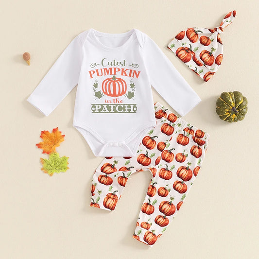 Baby Clothing Boys Halloween Outfits Letter Print Long Sleeve Rompers Pumpkin Print Pants Hat 3Pcs Fall Clothes Set