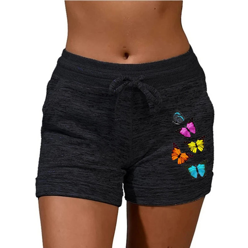 Plus Size Women Summer Outdoor Sports Pants Casual High Waisted  Drawstring Shorts Ladies Fashion Butterfly Printed Yoga Shorts