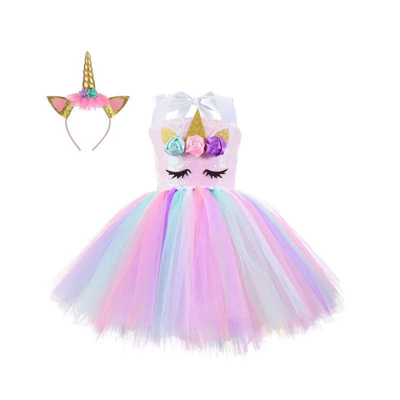 Princess Girls Unicorn Tutu Dress Outfits Pastel Flower Baby Girl Birthday Party Dresses