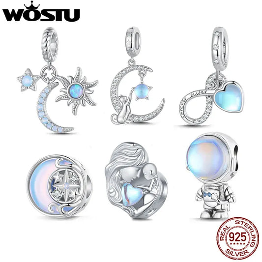 925 Sterling Silver Moonstone Charms Heart Beads Astronaut Moon Pendant Fit Original Bracelet DIY Necklace / WOSTU