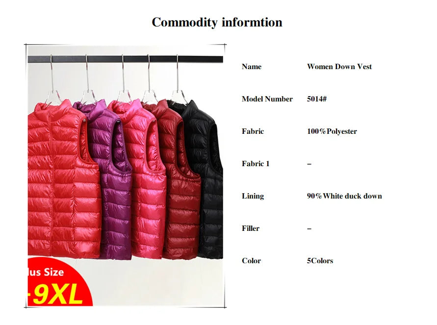 Women Sleeveless Down Jacket Plus Size 5XL 6XL 7XL 8XL 2023 New Autumn Winter Female Ultra Lightweight Packable Down Vest Coat