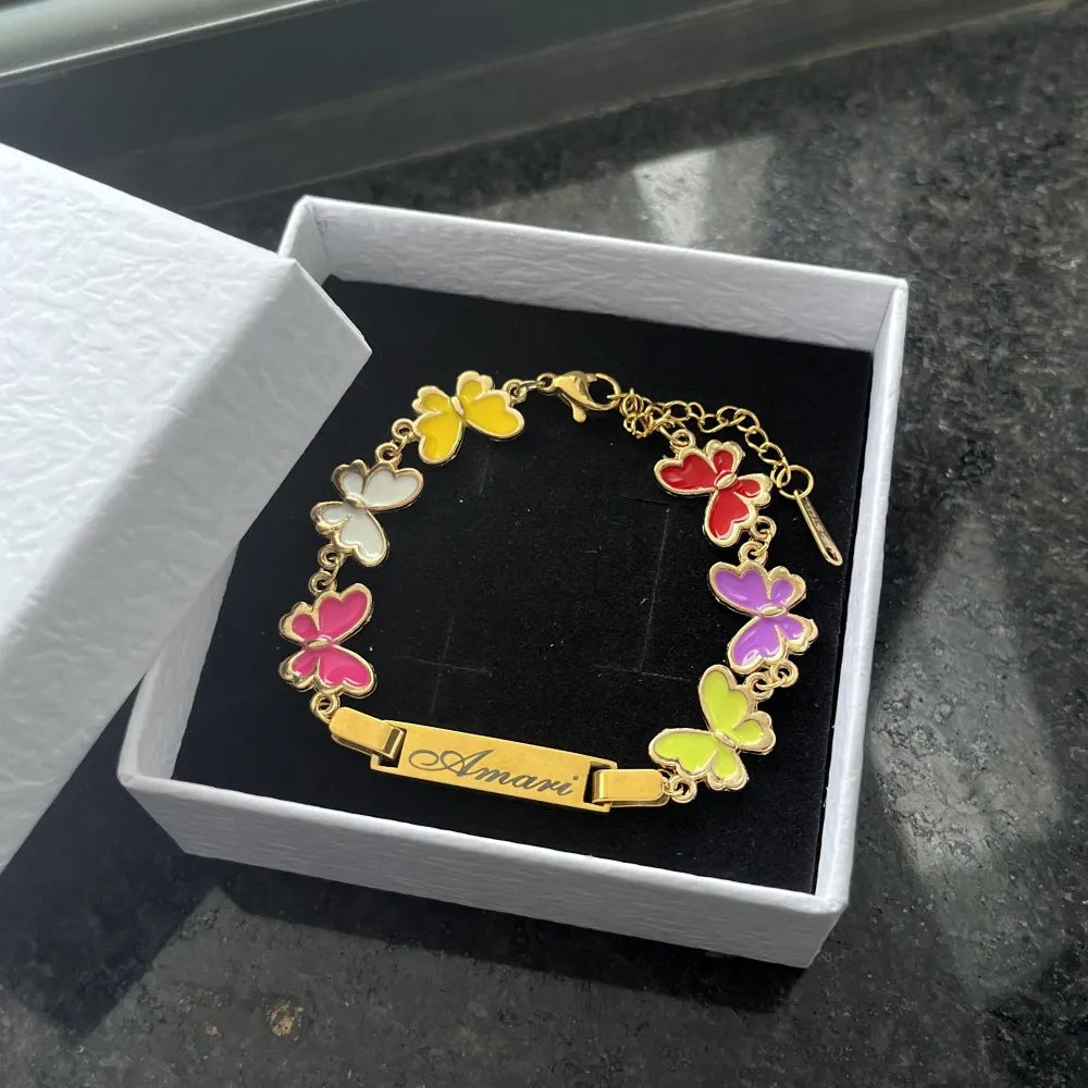 DUOYING Custom Nameplate Bracelet Butterfly Chain Personalized Enamel Colorful Charms Bangles For Kids Jewelry Gift