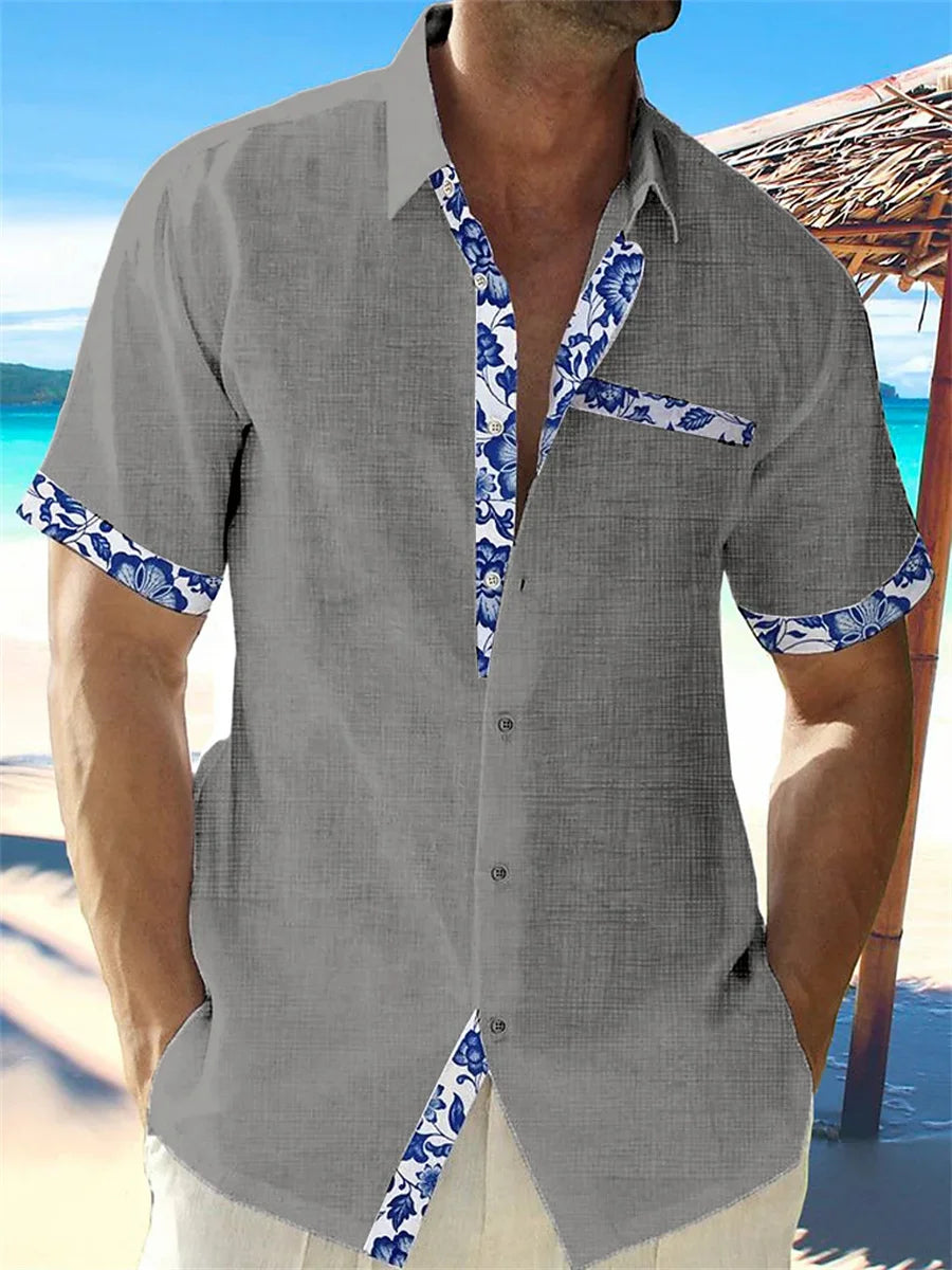 Hawaiian linen shirt men's casual lace printed beach pocket short sleeve plus size jacket 5 colors.