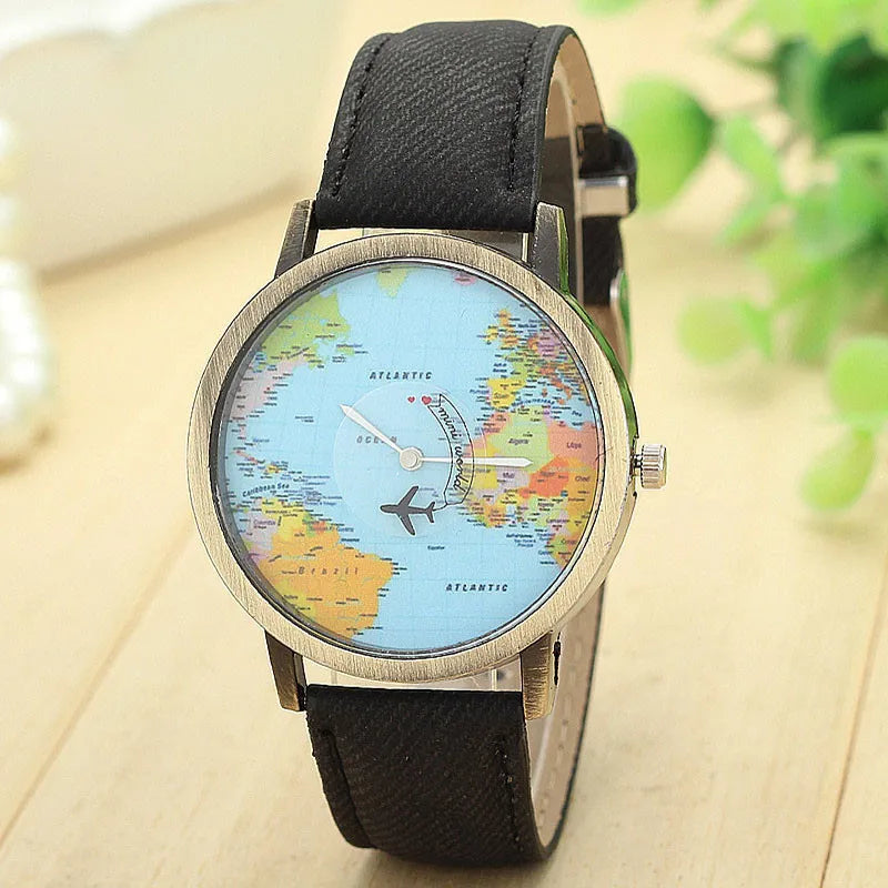 2024 Fashion Global World Map Plane Denim Fabric Band Watch Casual Men Women Wristwatches Quartz Watch Gift