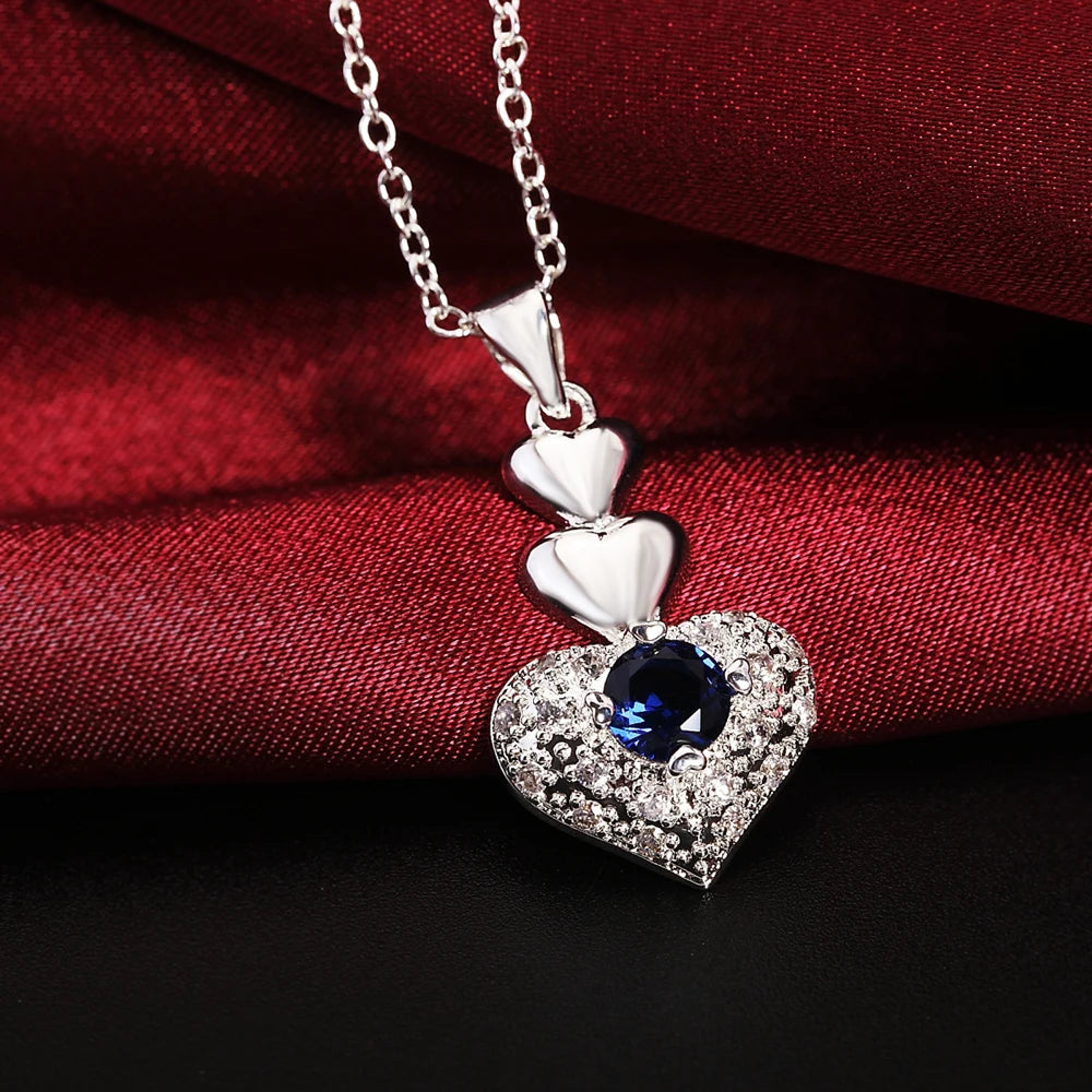 Hot Noble blue crystal heart 925 sterling Silver pendant necklace earring Jewelry sets for Woman classic fashion party fine gift