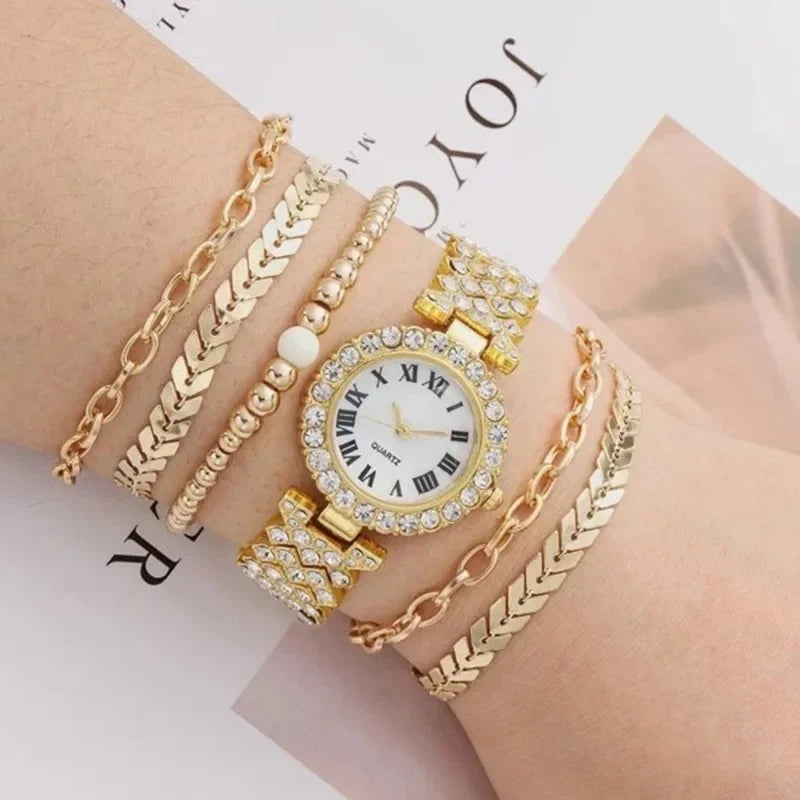 Full Crystal 5Pcs Watches Set for Women Diamond Women's Bracelet Watch Luxury Fashion Watch Bracelet Set Rhinestone Gifts