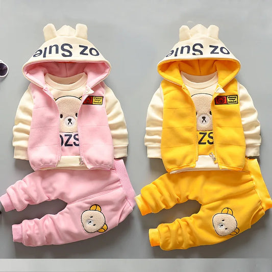 New Baby Padded Warm 3 Piece Girls Cute Cartoon Hooded Sets Autumn Boys Fashion Casual Comfortable Suit 12M-5 Years Old