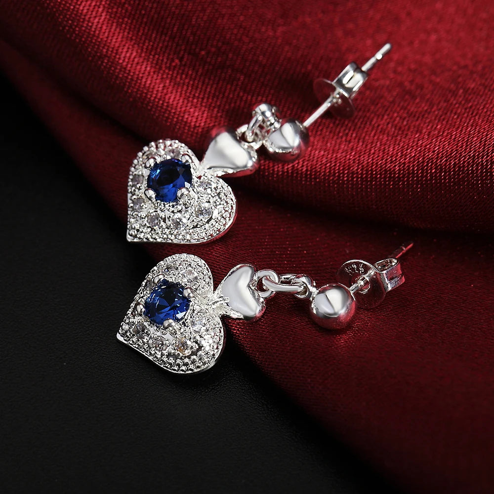 Hot Noble blue crystal heart 925 sterling Silver pendant necklace earring Jewelry sets for Woman classic fashion party fine gift