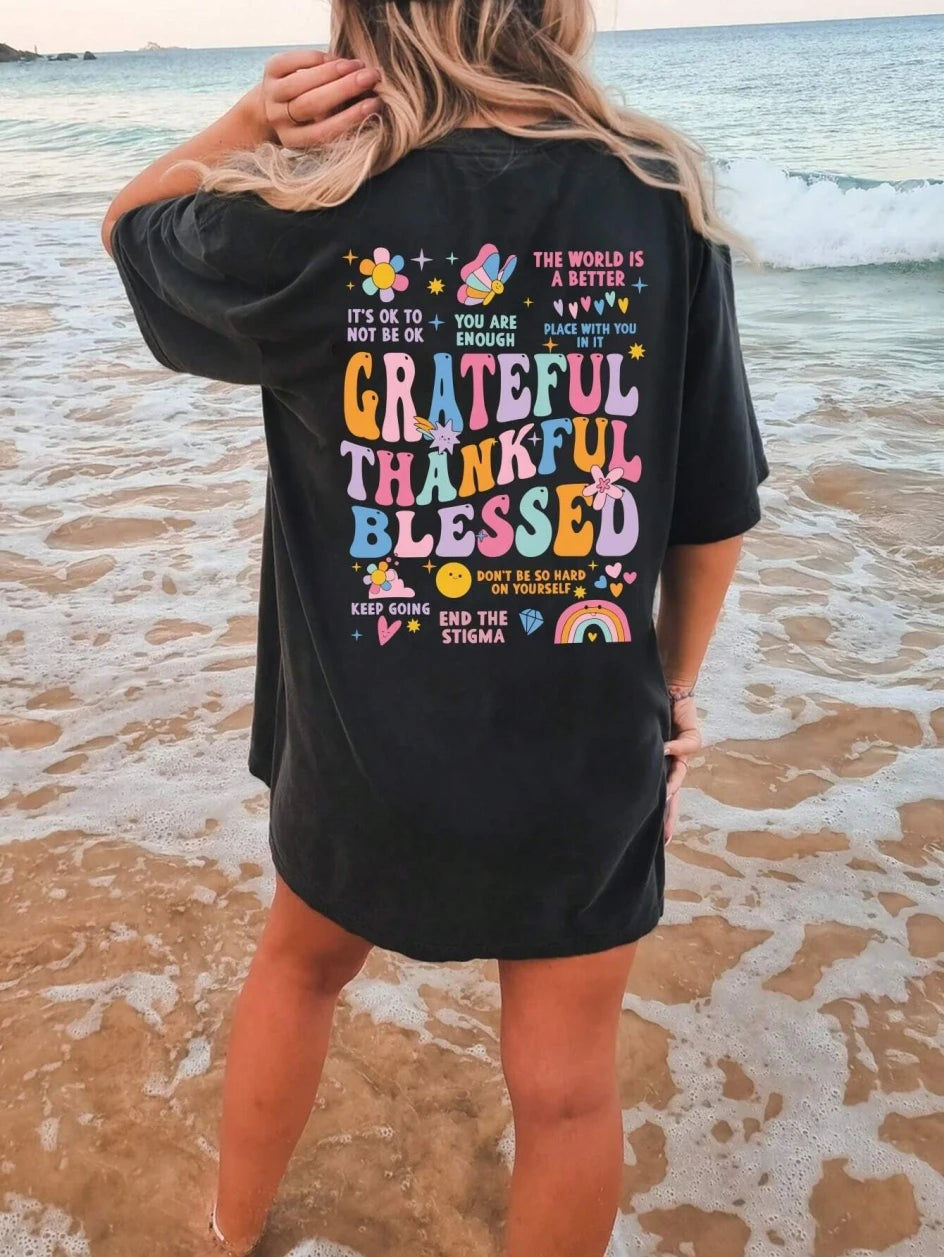 Grateful Thankful Blessed Printing  Casual Cotton Tee Shirts Fashion