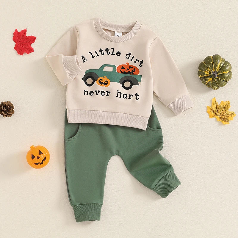 2024-06-11 Lioraitiin Toddler Boys Halloween Outfits Pumpkin Truck Letter Print Long Sleeve Sweatshirts and Long Pants 2Pcs Set