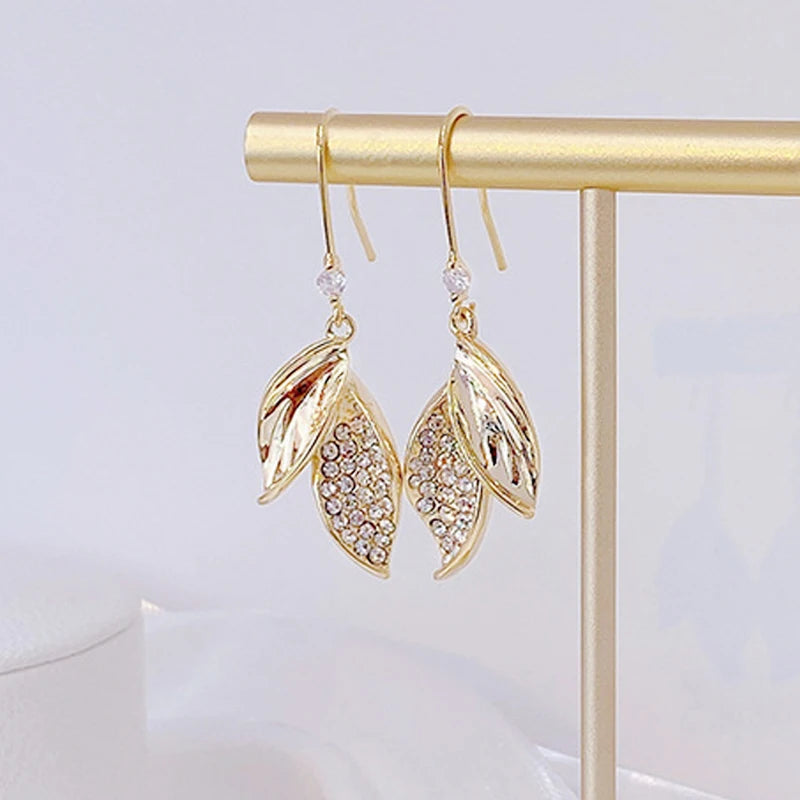 14k Real Gold Temperament Leaves Women Earring Micro Inlaid AAA Zirconia Drop Earrings Trendy Jewelry Pendant Accessories Gift